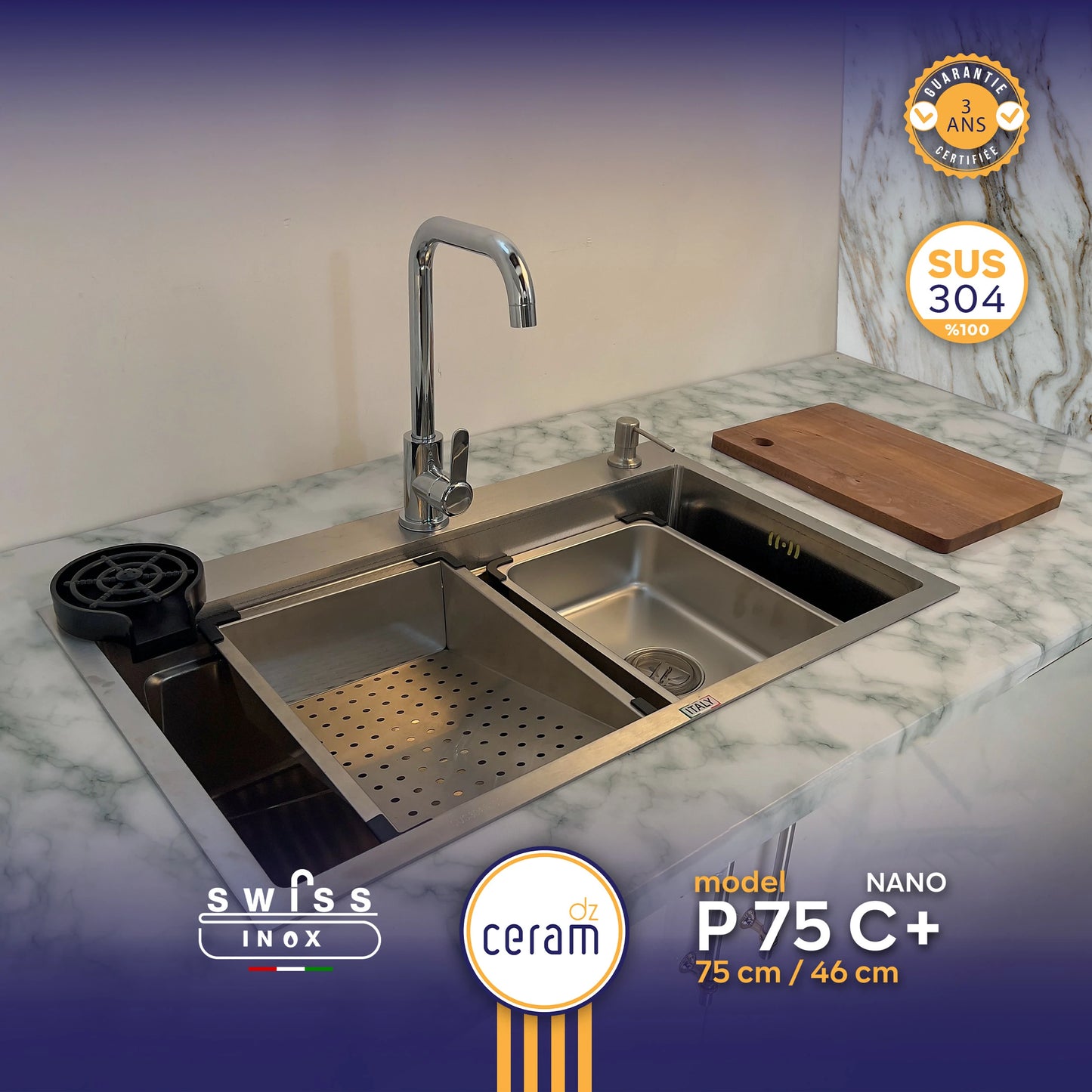 EVIER SWISS P75-46 100% INOX NANO