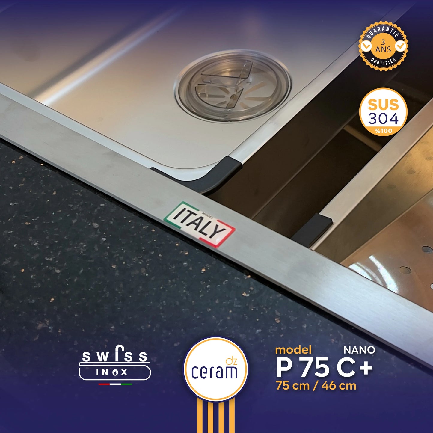 EVIER SWISS P75-46 100% INOX NANO