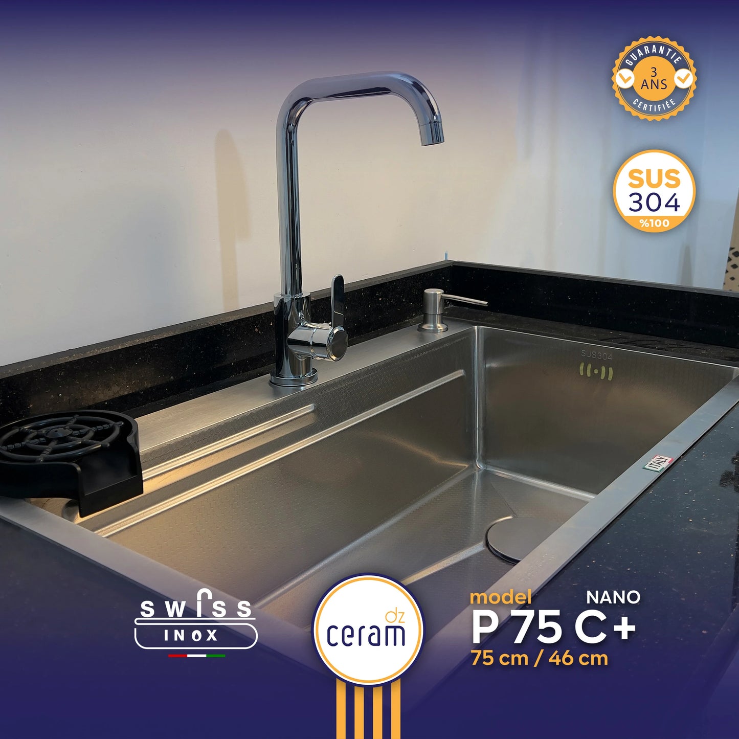 EVIER SWISS P75-46 100% INOX NANO