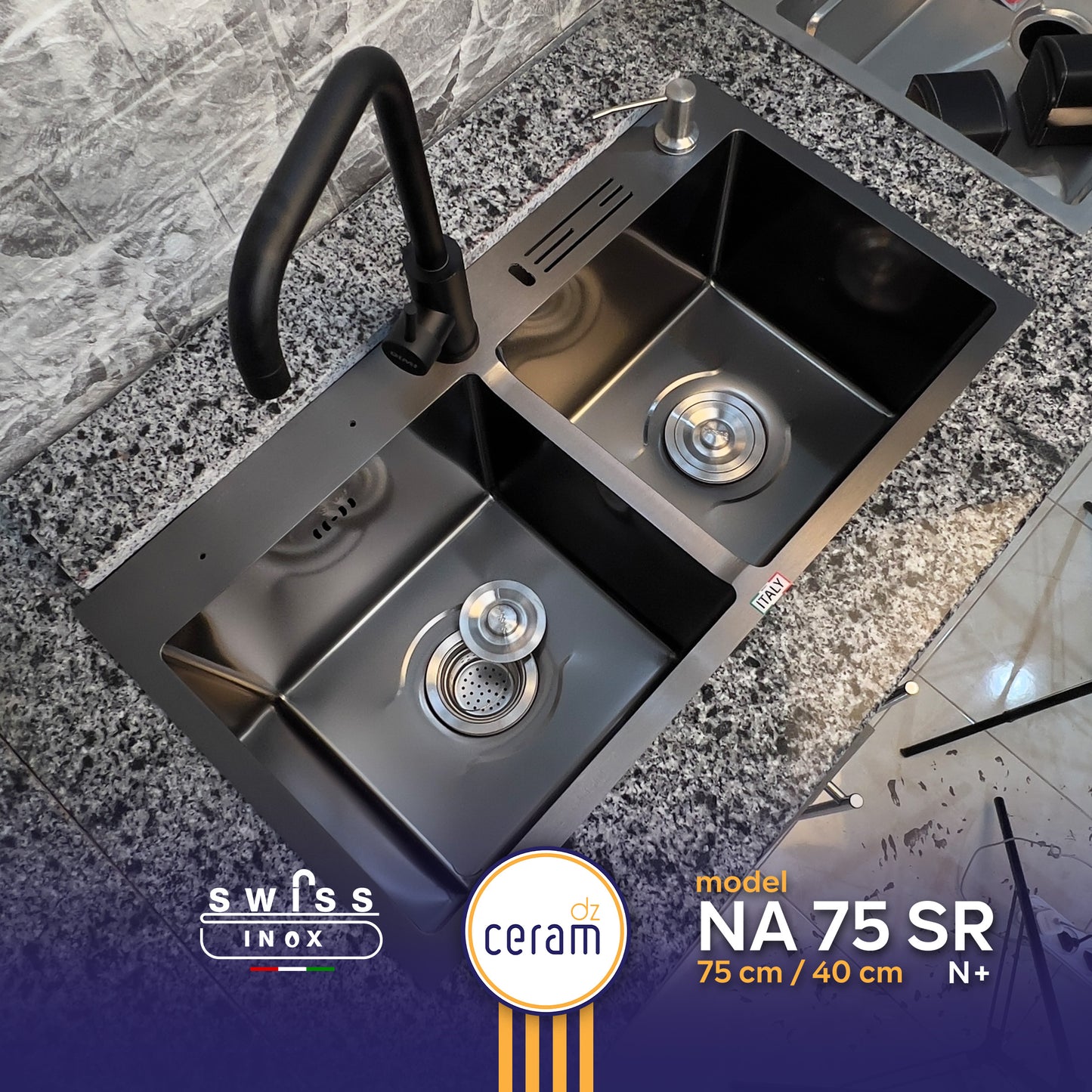 Mécanisme Cuivre --SWISS INOX -- 75x40 cm Noire avec Porte Serviette